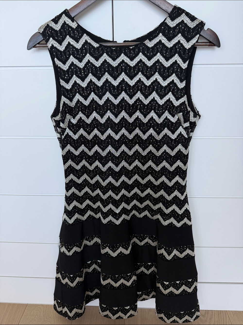 Black and Silver Chevron Sleeveless Fit-and-Flare Dress